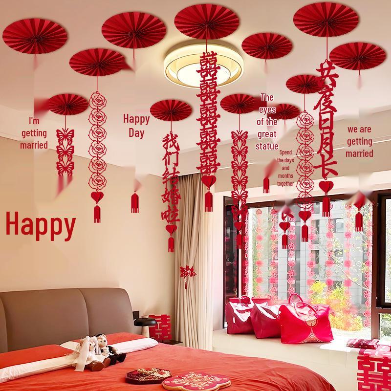 Wedding Décor: Double Happiness Paper Cut Ornaments for Ceiling and Walls, Festive Butterfly Pull Flowers for Bedrooms and Living Rooms