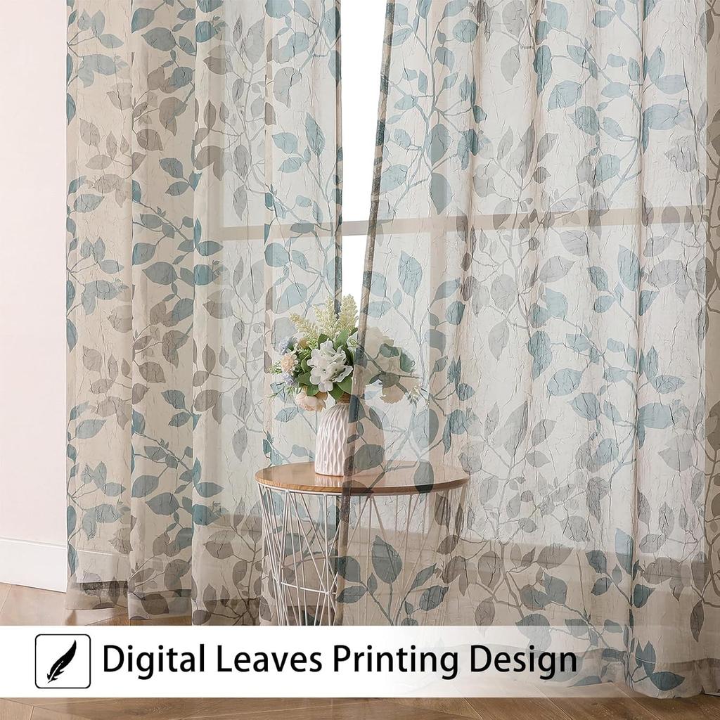 OWENIE Floral Sheer Curta with Pattern 63 Inches Long 2 Panels Set for Living Room Bedroom, Sheer Floral Curta with Printing Leaf Design Rod Pocket