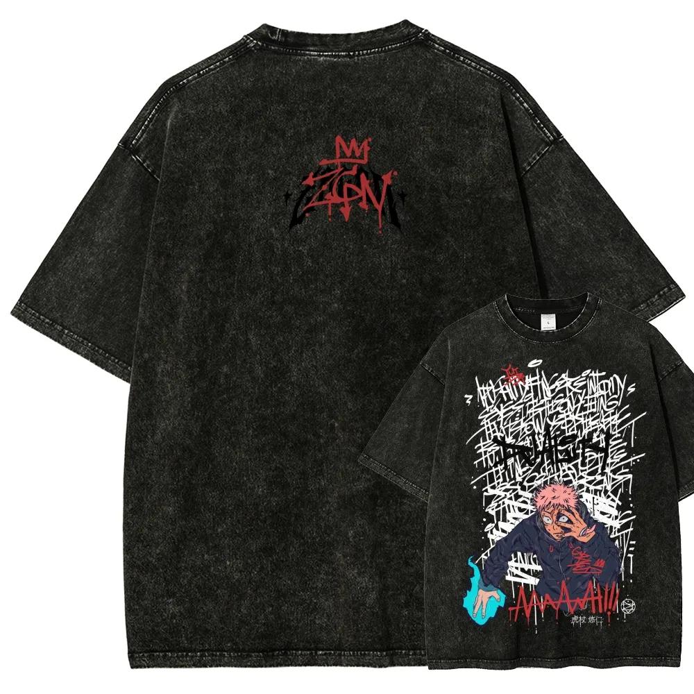 

Yuji Itadori Tshirt Jujutsu Kaisen Graffiti Shout Tee Vintage Washed Oversized Retro Anime Harajuku Streetwear Men Clothing M