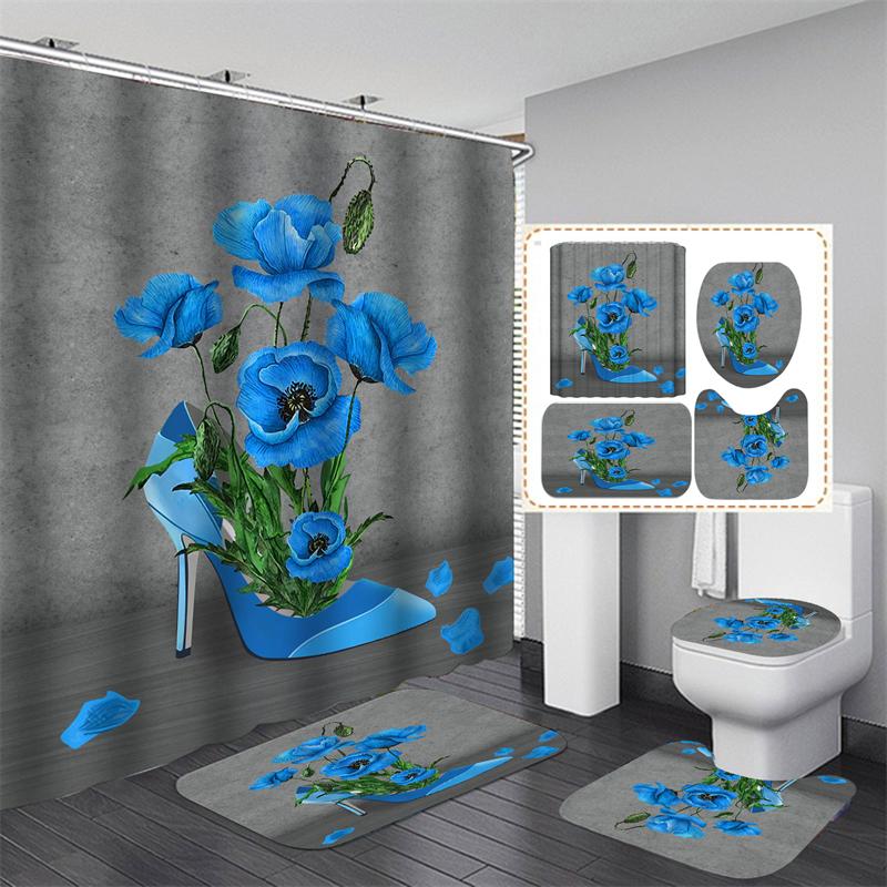 20 barev Rose Print 3D sprchový závěs s háčky Vodotěsný Koupelnový závěs Protiskluzová sada podložek do vany Toaletní koberečky Koberec Domácí dekorace
