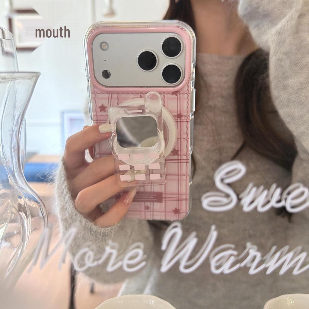 Korean-Style Pink Plaid Star Phone Case for iPhone 16/15/14/17 Pro Max 