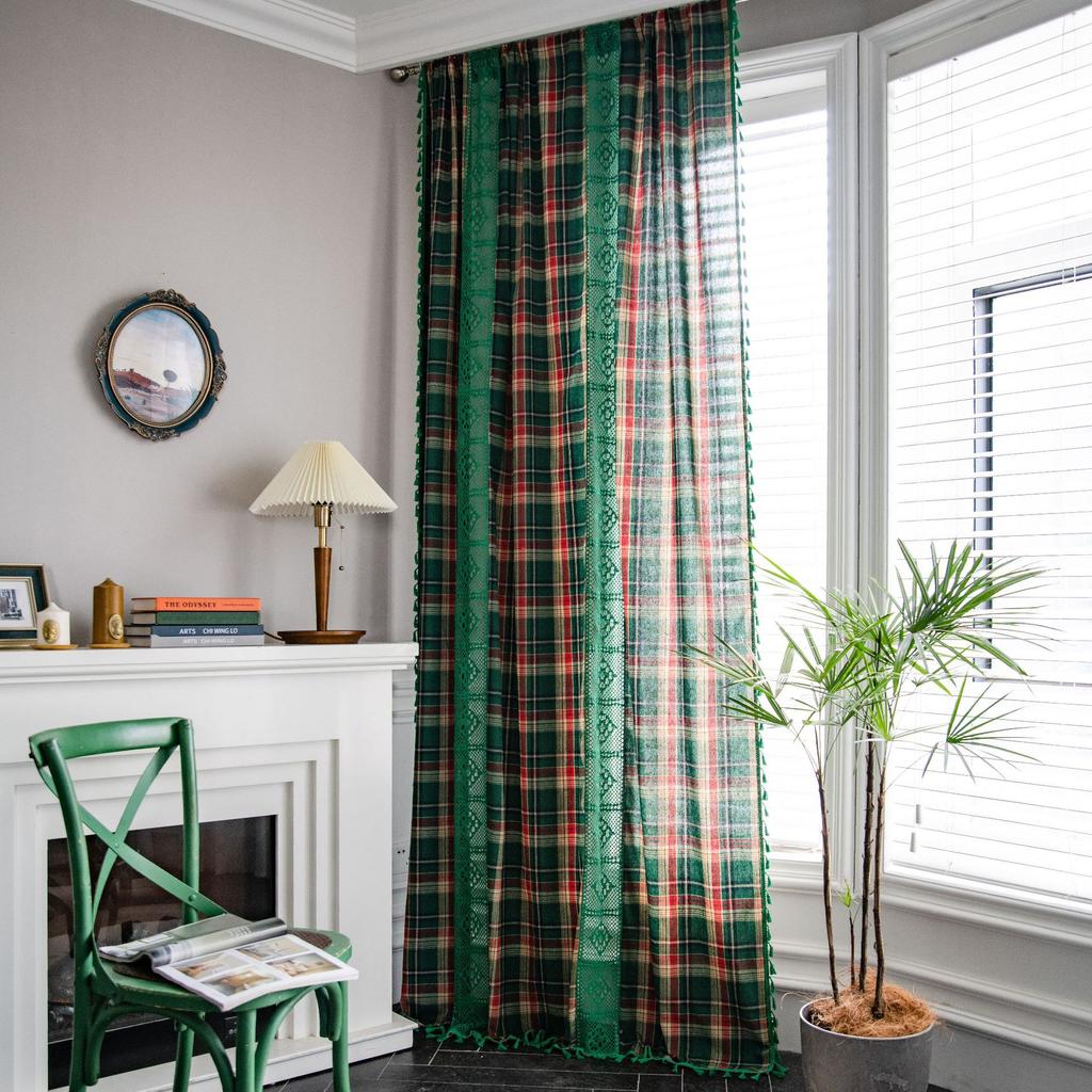 Green Lattice Splicing Dyed American Curtains Bay Window Curtains Semi-blackout for Living Room Bedroom Bay Window Dining Room or Kitchen Bar