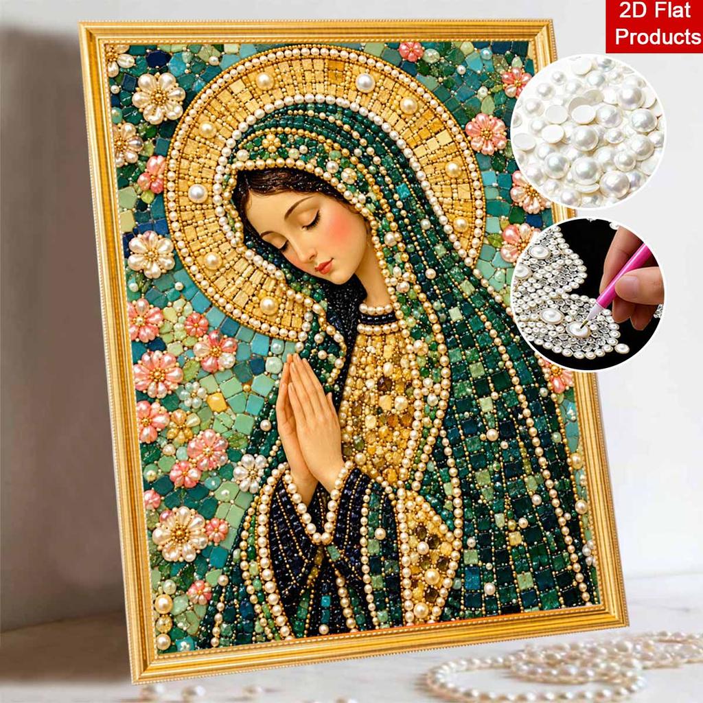 DIY Framed Pearl Bead Art Kit Religious Virgin Mary Floral Mosaic Sparkling Canvas Painting for Wall Decor Gift