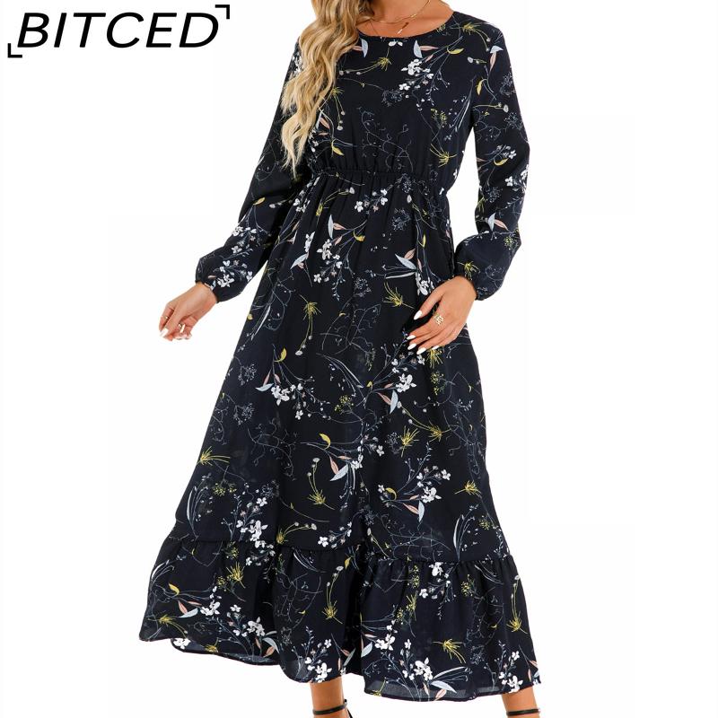 BITCED Spring Summer Bohemian Women Maxi Dress Casual Long Sleeve High Waist Beach Dress Women Floral Chiffon Dresses Vestidoes Mujer New