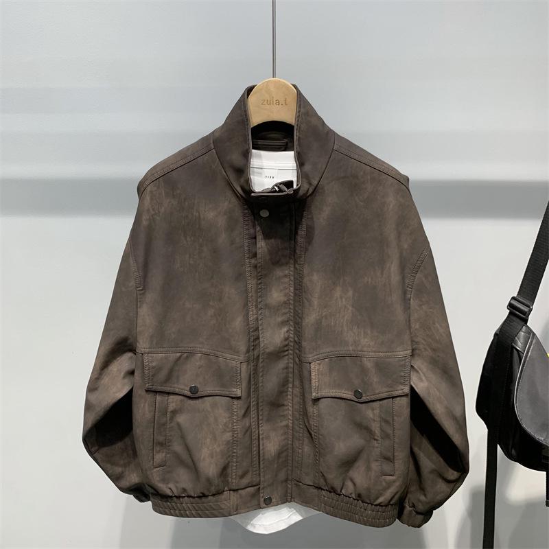 Men's Retro Distressed PU Leather Jacket - Design-Conscious, Loose Fit for Spring and Autumn