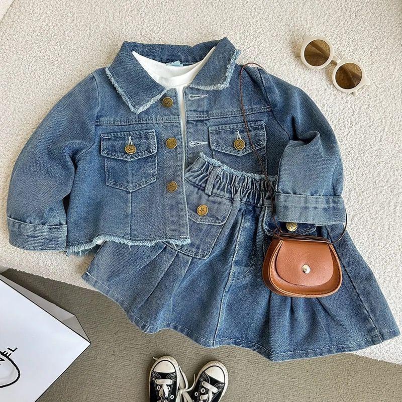 

Retro Baby Girl Denim Jacket & Skirt Set - Stylish Cotton Two-Piece Spring/Autumn Outfit 90