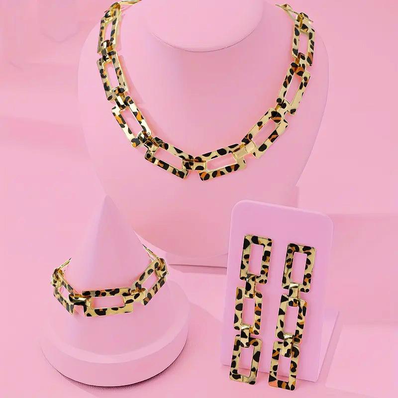 1 Square Chain Style Leopard Print Gold Necklace Bracelet Earring Set