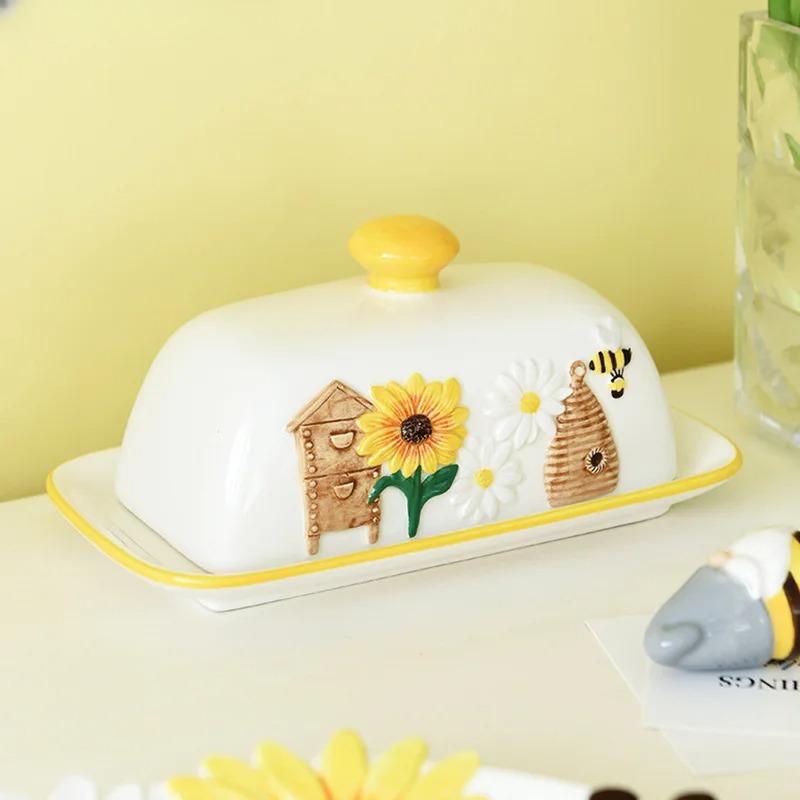 Ceramic Butter Dish Dessert Dish Snack Cake Plate Dishes  Creative Bee Sunflower Butter Plate Home Decoration Ceramic Tableware