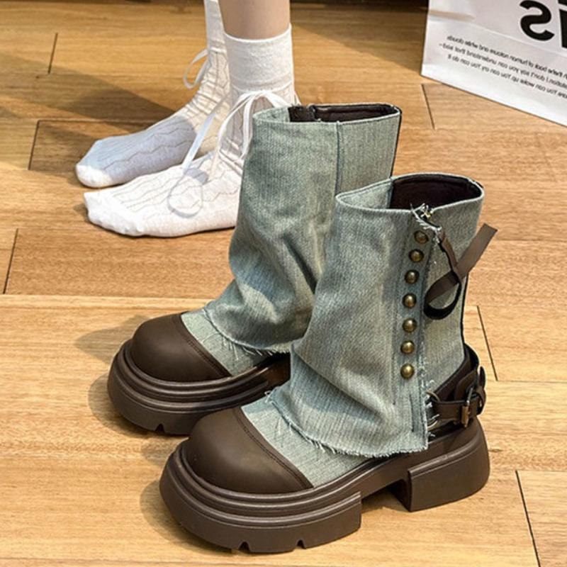 Fashion Spring Autumn Platform Cowboy Ankle Boots for Women Round Toe Height Increase Woman Short Shoes High Quality New Rock Booties