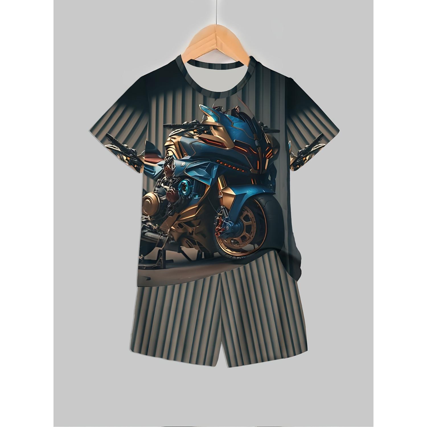 2-piece cartoon 3D printed train pattern | Boys casual outdoor sports T-shirt shorts set 5-6Y