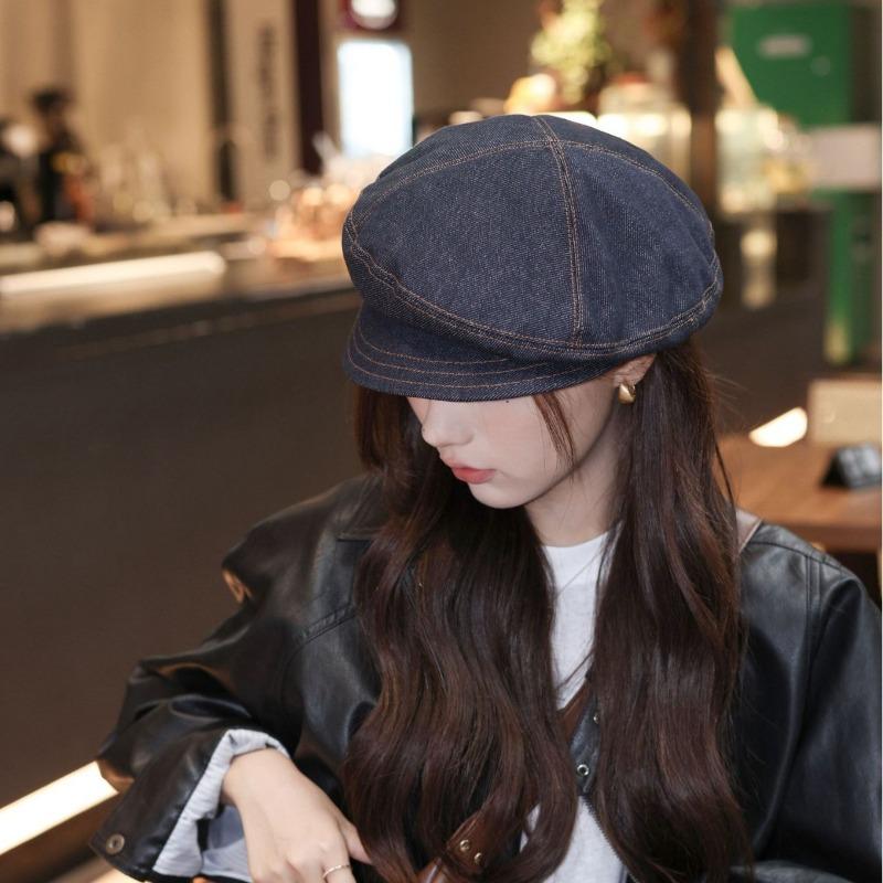 25 Early autumn new stitching dark denim newsboy hat children's high-quality face small soft brim newsboy hat tide