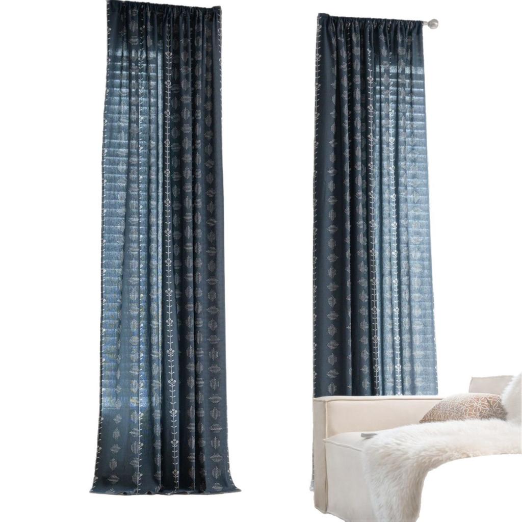Curtain finished product simple flower print book navy blue semi-blackout balcony blackout curtain direct supply