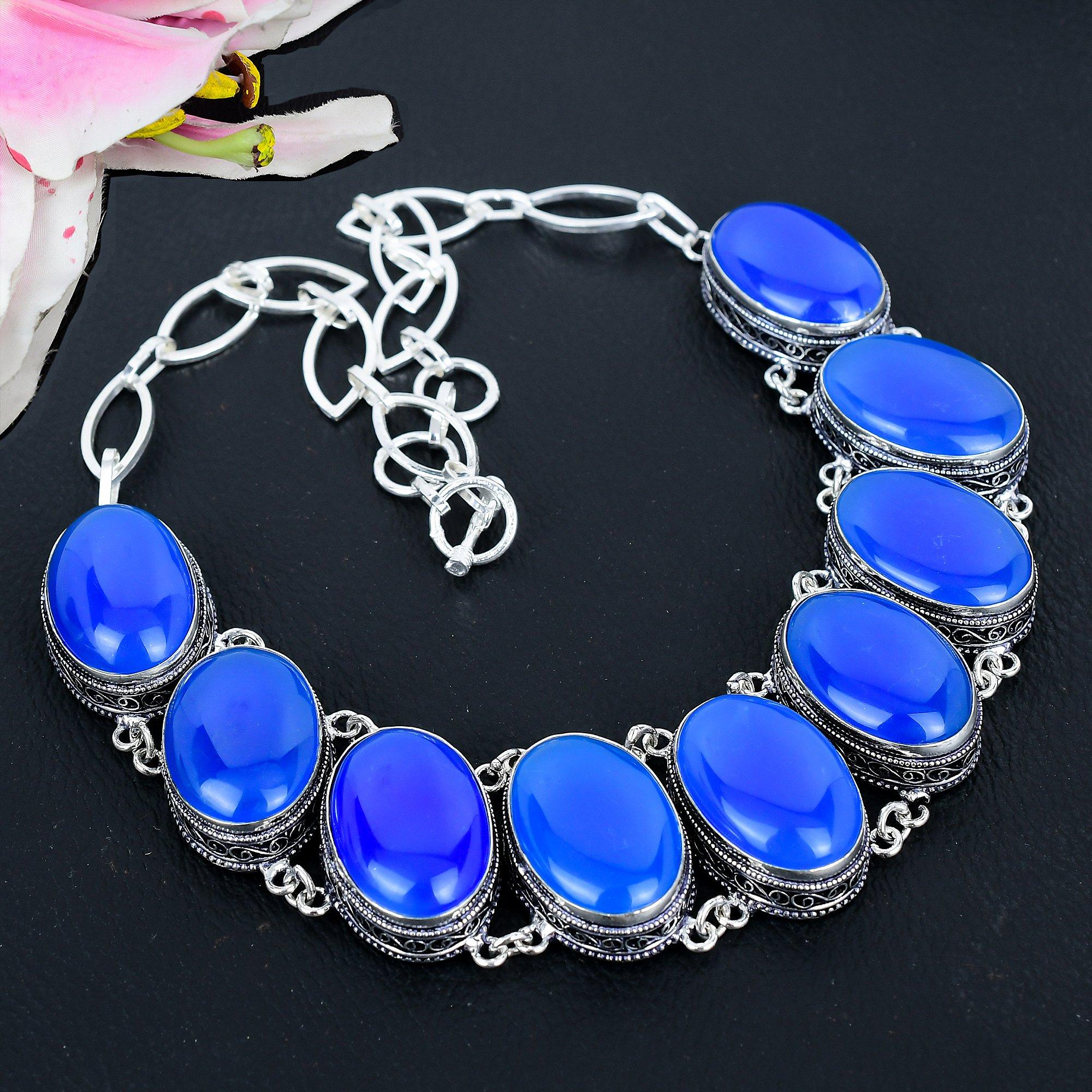 

Blue Chalcedony Gemstone Handmade 925 Sterling Silver Jewelry Necklace 18 KG-1631