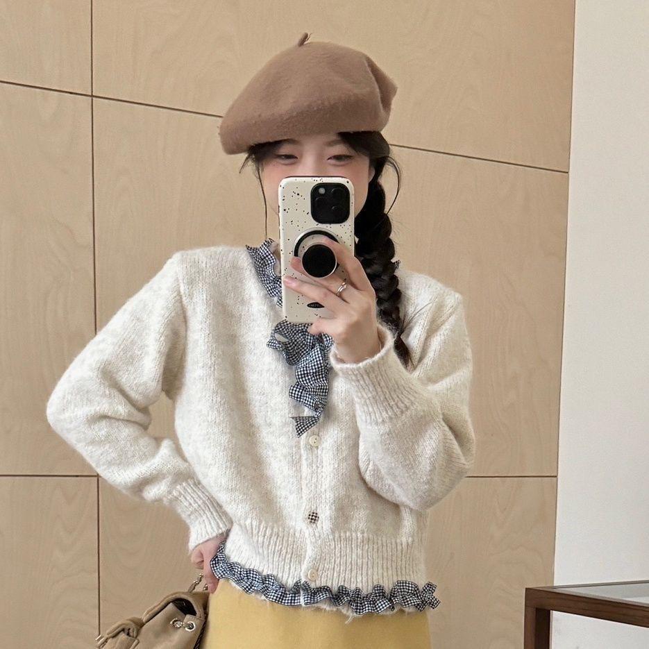 

Корейский шик, кардиган из трикотажа с оборками и бантом - Женский осенний дизайн One Size [Fits 80-120 kg] абрикосовый