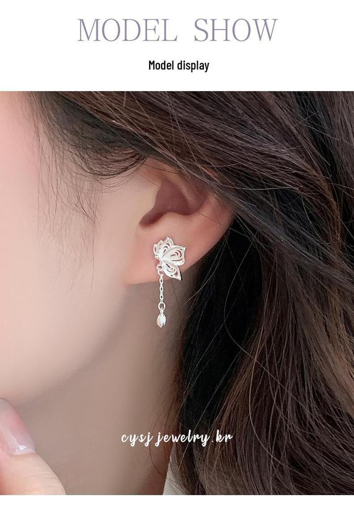 Cui Yan S925 Sterling Silver Korean Sweet Hollow Butterfly Tassel Earrings for Women - High-End Niche Style