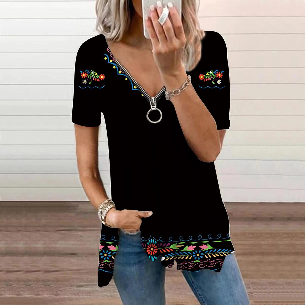 Women's Top Summer New Fashion Brown Flowers Printed Casual Zipper V-neck Short Sleeve Top