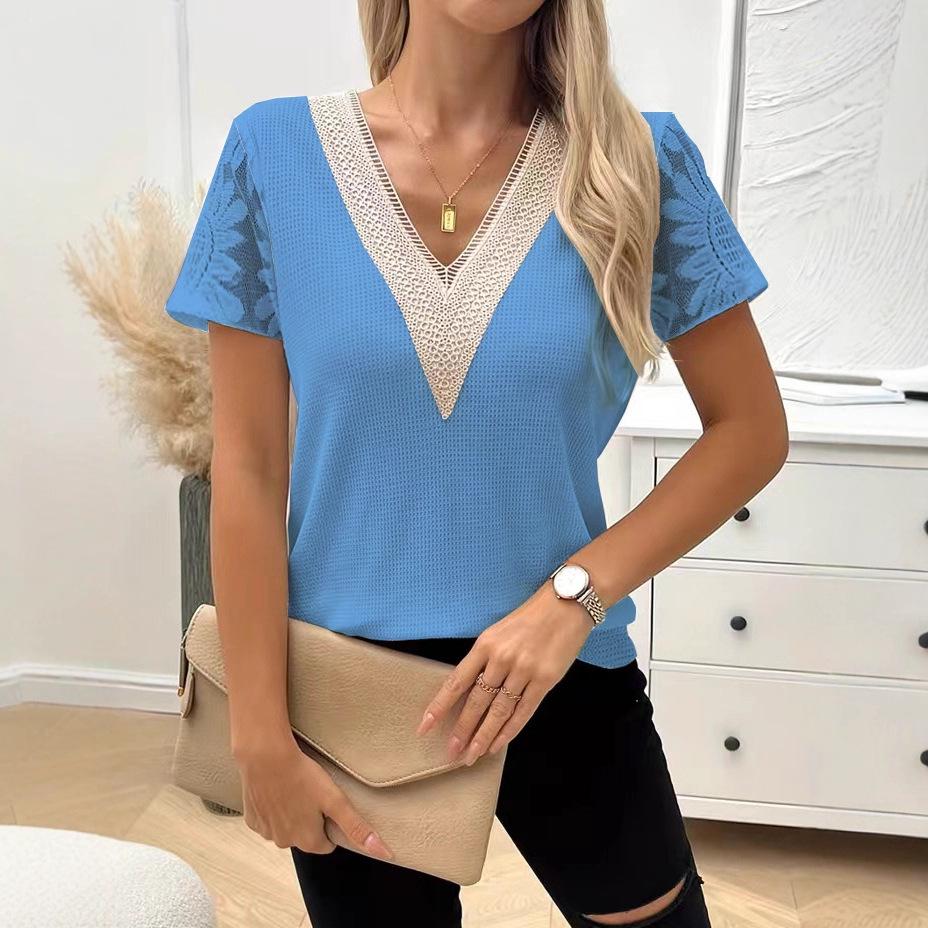 European-American Women's Casual V-Neck Short-Sleeved Lace Patchwork Henley Top