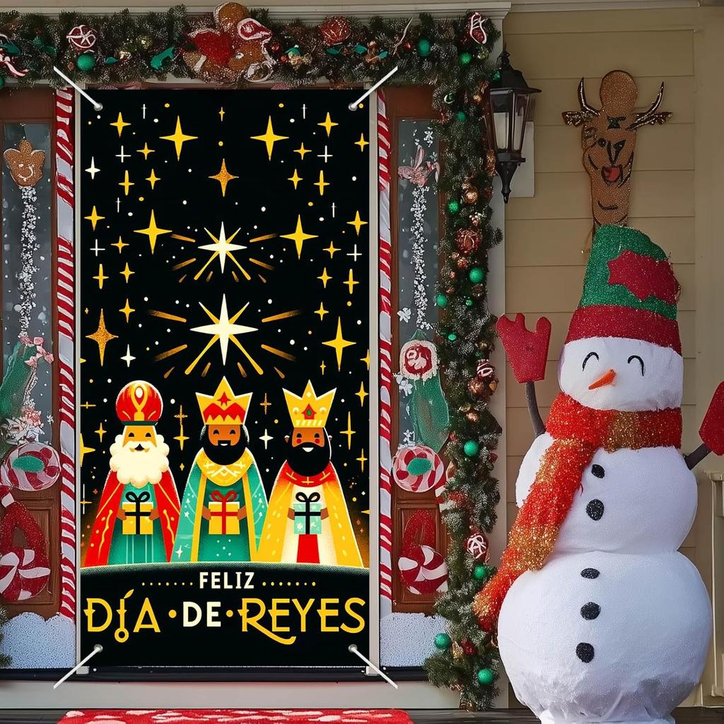 Feliz Dia De Reyes Door Cover 35x71 Inch Three Kings Day Porch Banner Epiphany Decorations Wise Men Celebration Backdrop for Home Office For Girls or