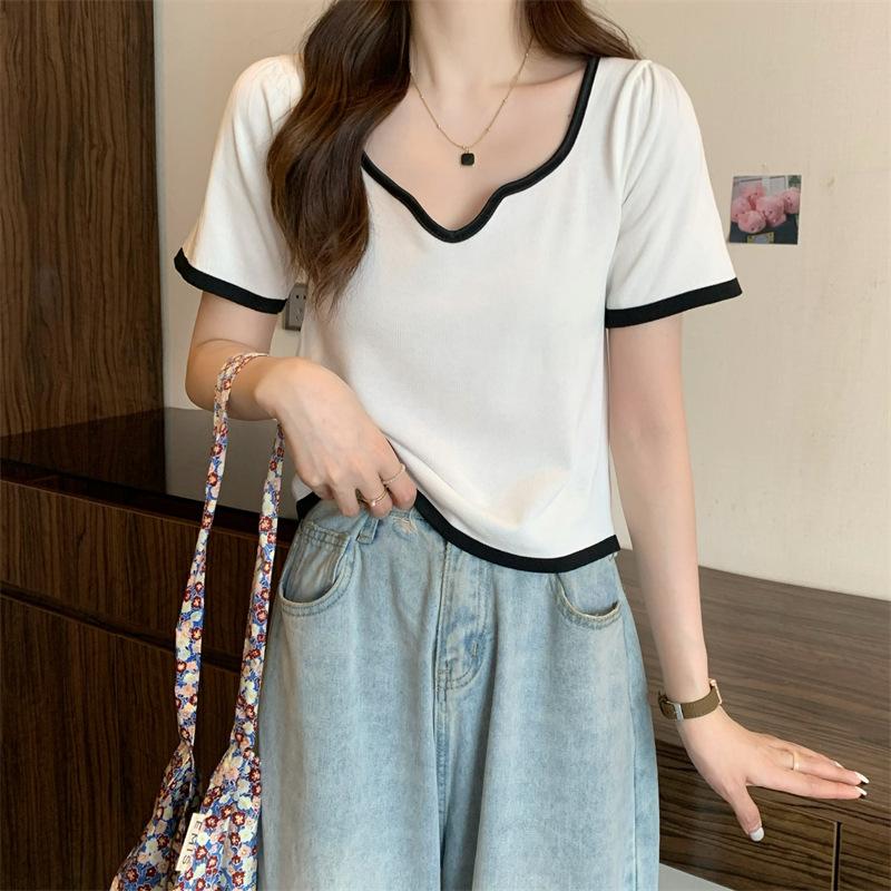 Design Sense Square Neck Knitted Short-sleeved T-shirt Tops Spring and Summer Slim Bottoming Shirt Female Casual Essential Slim Fit Pullovers Tees