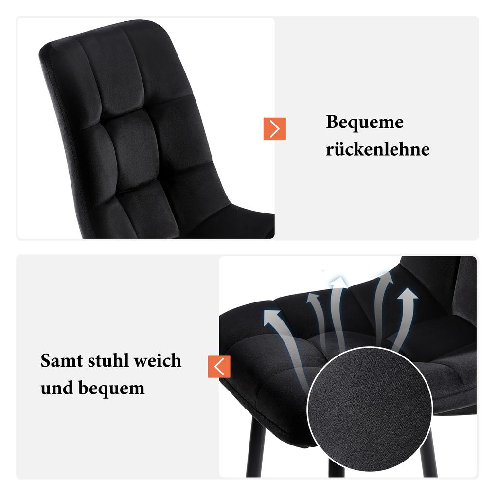 Set tavolo da pranzo moderno (5 pezzi) con 4 sedie, tavolo da cucina rotondo con 80 cm di diametro e gambe in metallo nero, piano in MDF bianco, sedie in velluto nero