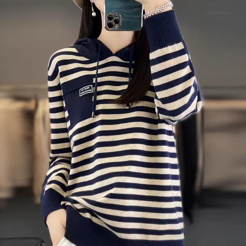 

Зимний Модный Мягкий Свитер из Чистой Шерсти Осенний Женский Новый Женский Пуловер в Полоску с Капюшоном Кашемировый Свободный Повседневный Вязаный Базовый Топ One size темно-синий