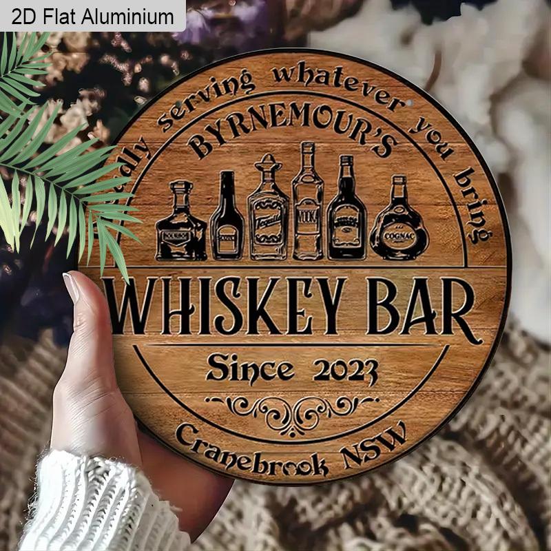2D Flat Aluminum Whiskey Bar Sign for Home Bar Decor - Rustic Round Metal Plaque - Vintage Man Cave Accessories & Wall Art for Garage, Basement