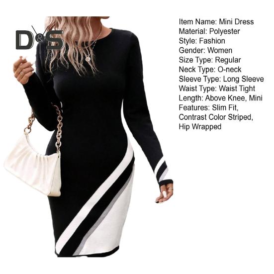 Kobiety Mini Sukienka Wiosna Jesień Kontrastowy Kolor Paski Nadruk Casualowa Sukienka Okrągły Dekolt Długi Rękaw Dopasowana Sukienka Streetwear