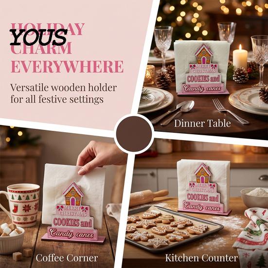 Festive Home Accents Wooden Christmas Napkin Holder, Rustic Farmhouse Tissue Dispenser, Pink Merry Hand Painted Wood Decor Cocktail Holder for Dining