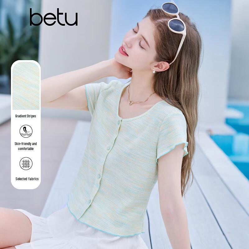 Betu Women s Gradient Stripe Waffle Texture Short-Sleeve T-Shirt XS