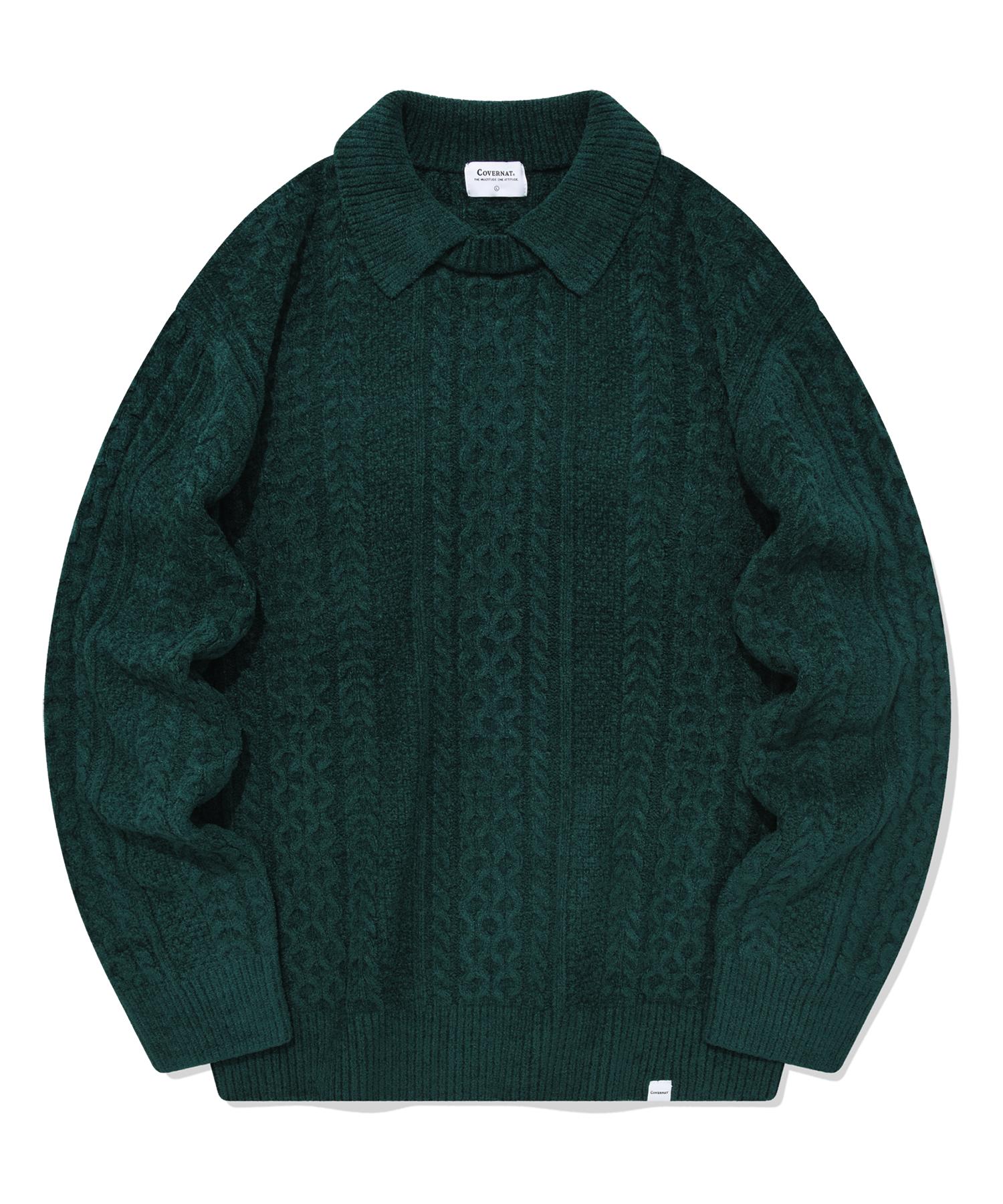Covernat Velvet Cable Round Collar Knit Green Green/L