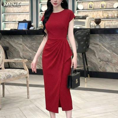 Women Casual Round Neck Short Sleeve Polka Dot Print Sheath Dress