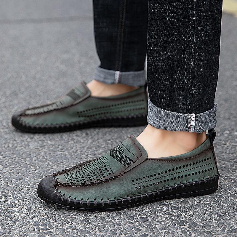 Herren Loafer aus Leder, zum Hineinschlüpfen, Größe L: Sommer atmungsaktive Hohl Design Fahrerschuhe