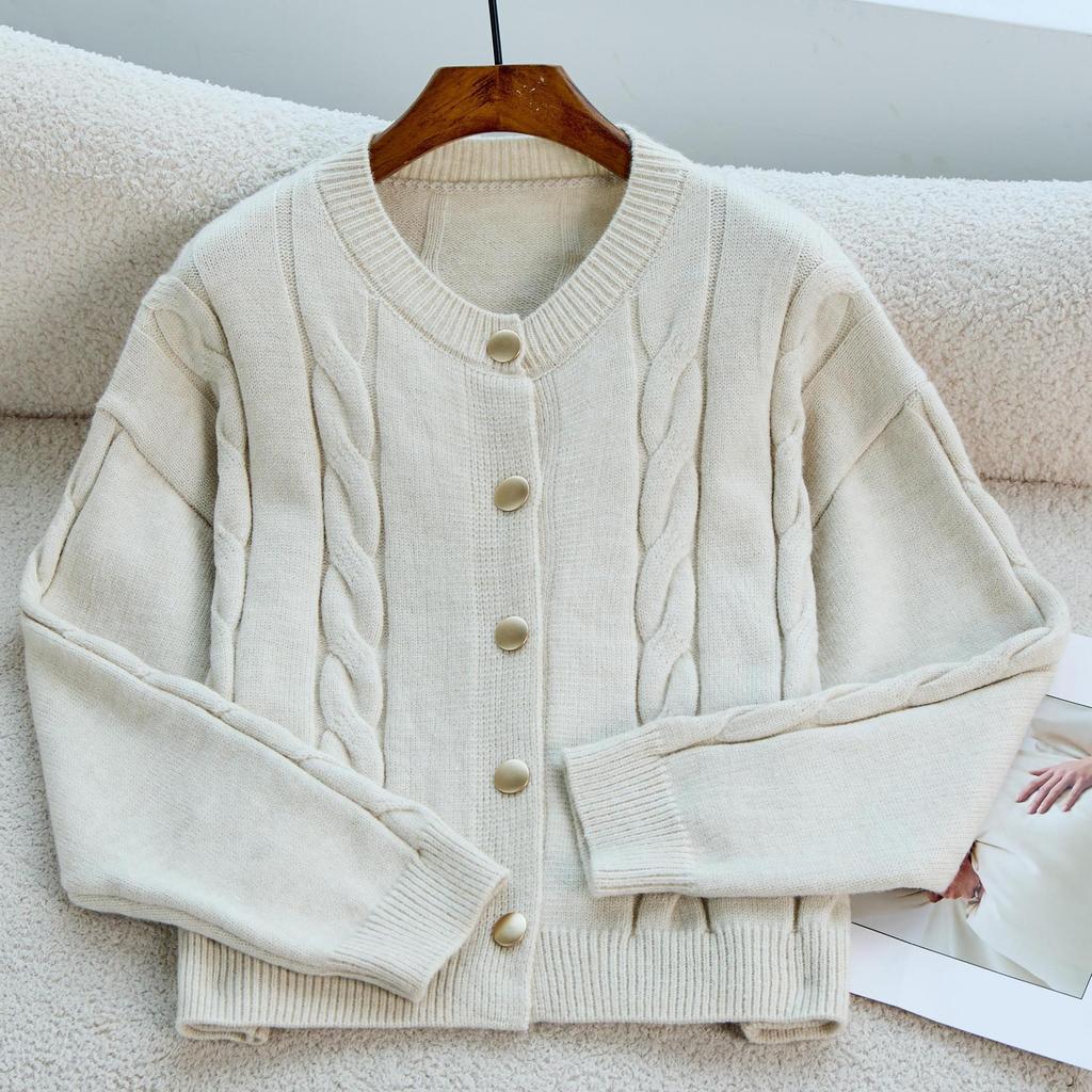 Autumn New Round Neck Twist Three-dimensional Twist Texture Knitted Cardigan Sweater Women