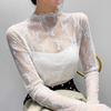 Top in pizzo con scollo a mezza altezza per donna con maniche lunghe, top sexy a strati in maglia sottile