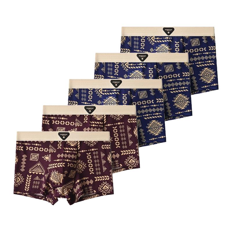 5 Pieces Men's Ice Silk Underwear Comfortable Boxer Briefs Teenager Retro Underpants Breathable Printing Boxers