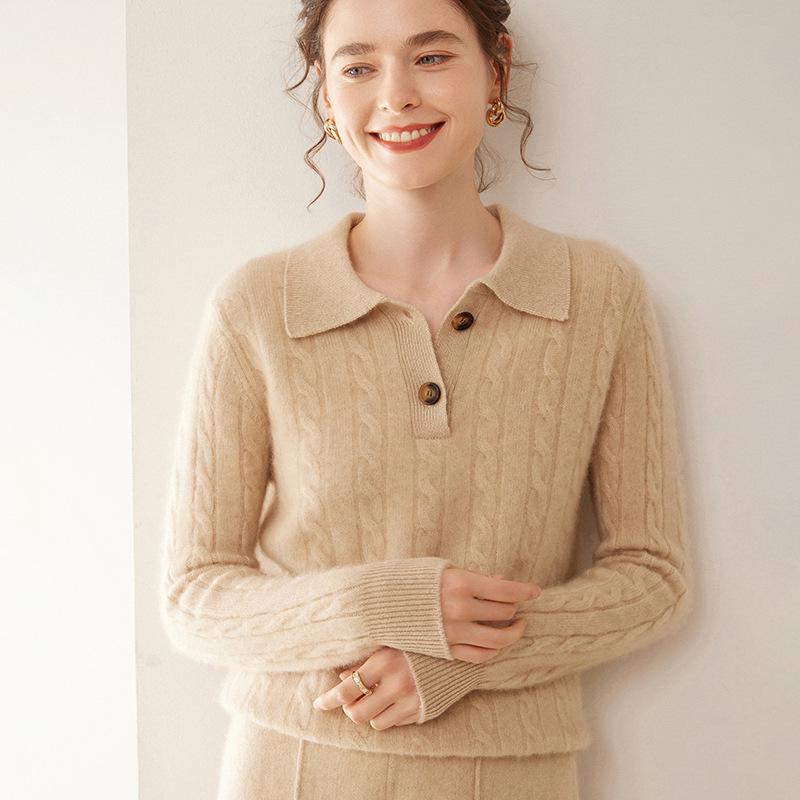 2025 Autumn/Winter Women's Cable Knit Cashmere Polo Collar Pullover
