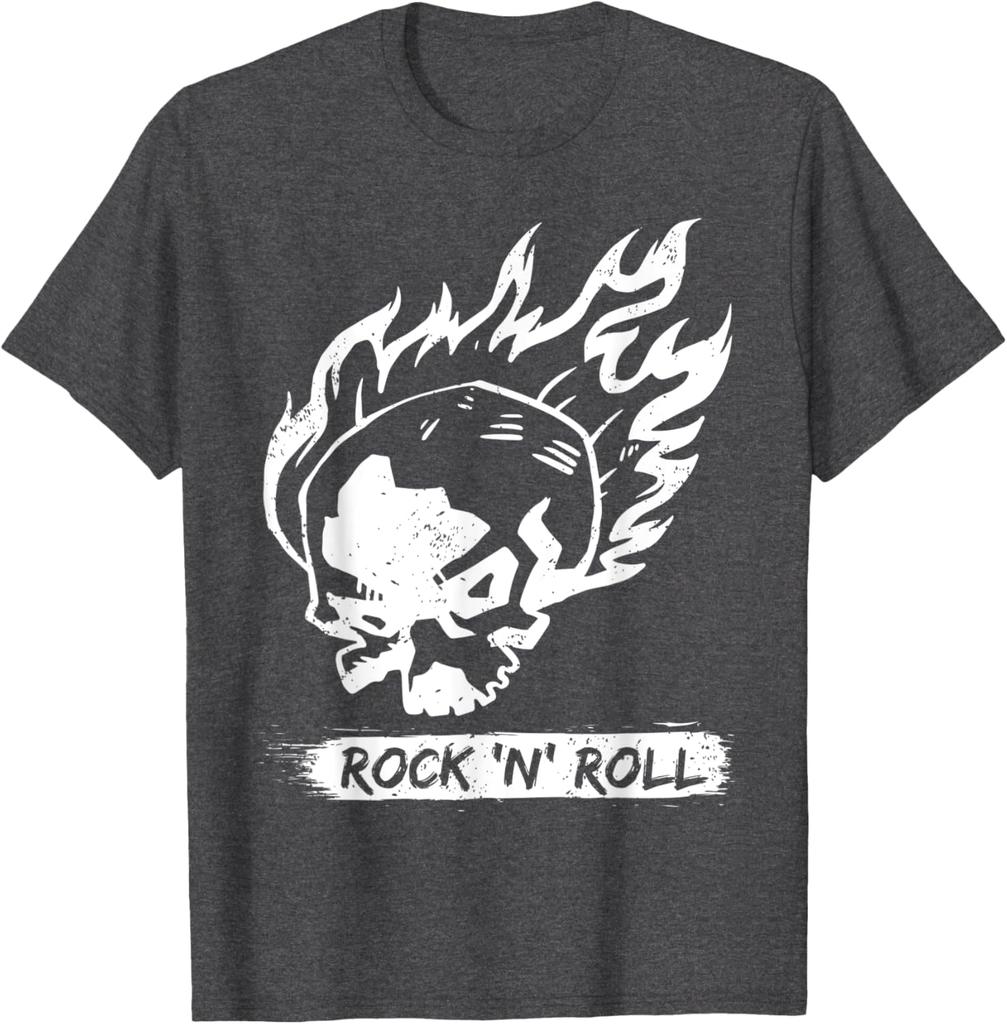 Flaming Skull Rock N Roll Graphic Tee Casual Cotton Short Sleeve TShirt