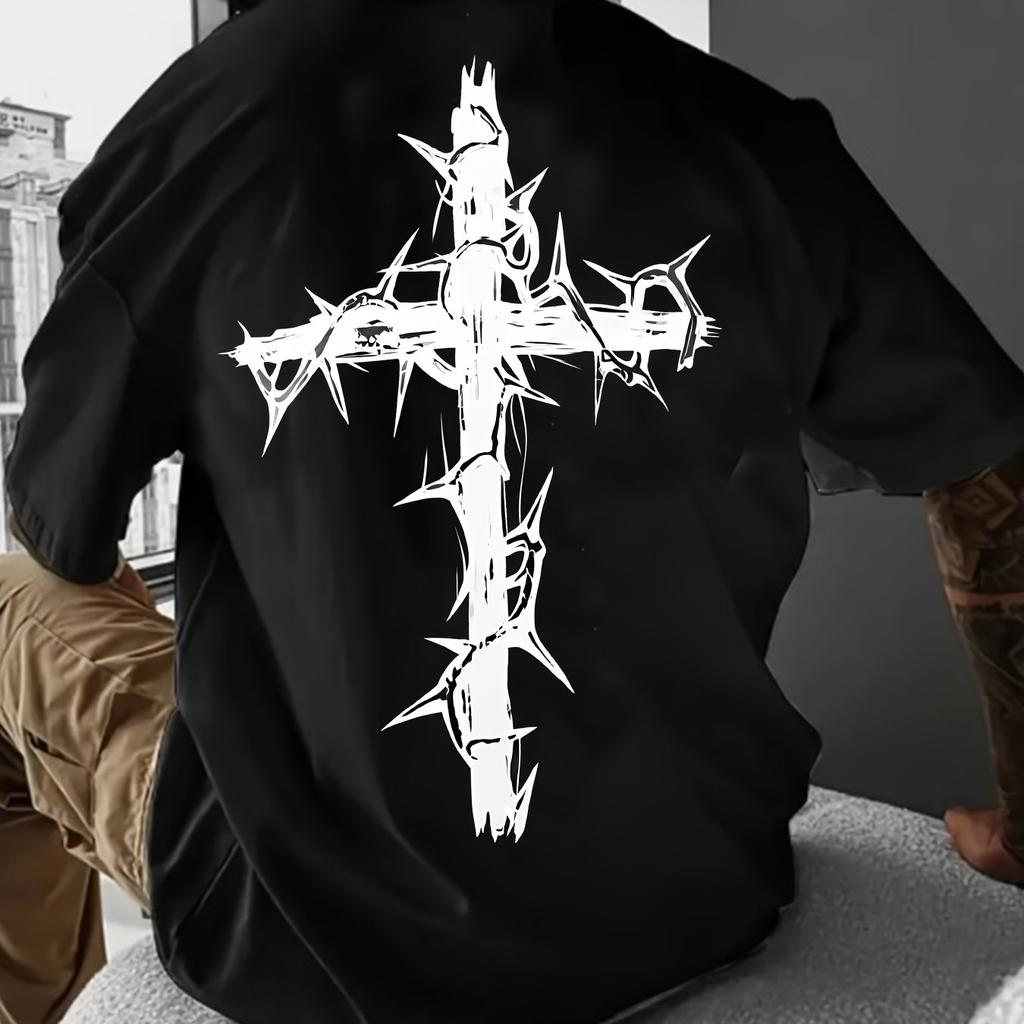 Summer men's 100% cotton comfortable casual wide plus size creative cross pattern printed round neck short sleeved T-shirt top