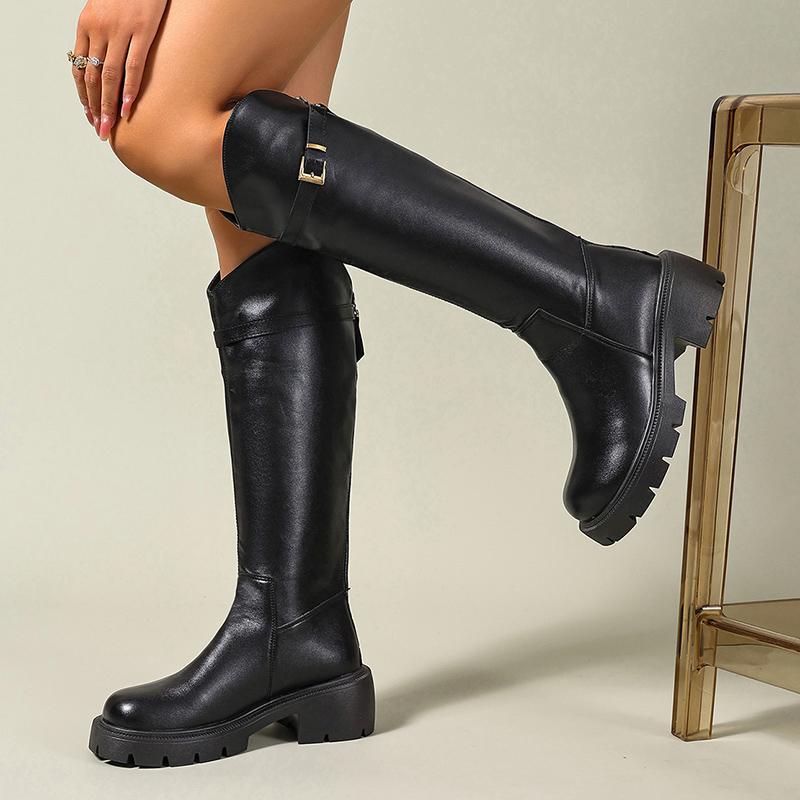 Women's Knee High Riding Boots Fashion Buckle Strap Chunky Heel Knight Boots Woman Black Platform Pu Leather Long Botas De Mujer