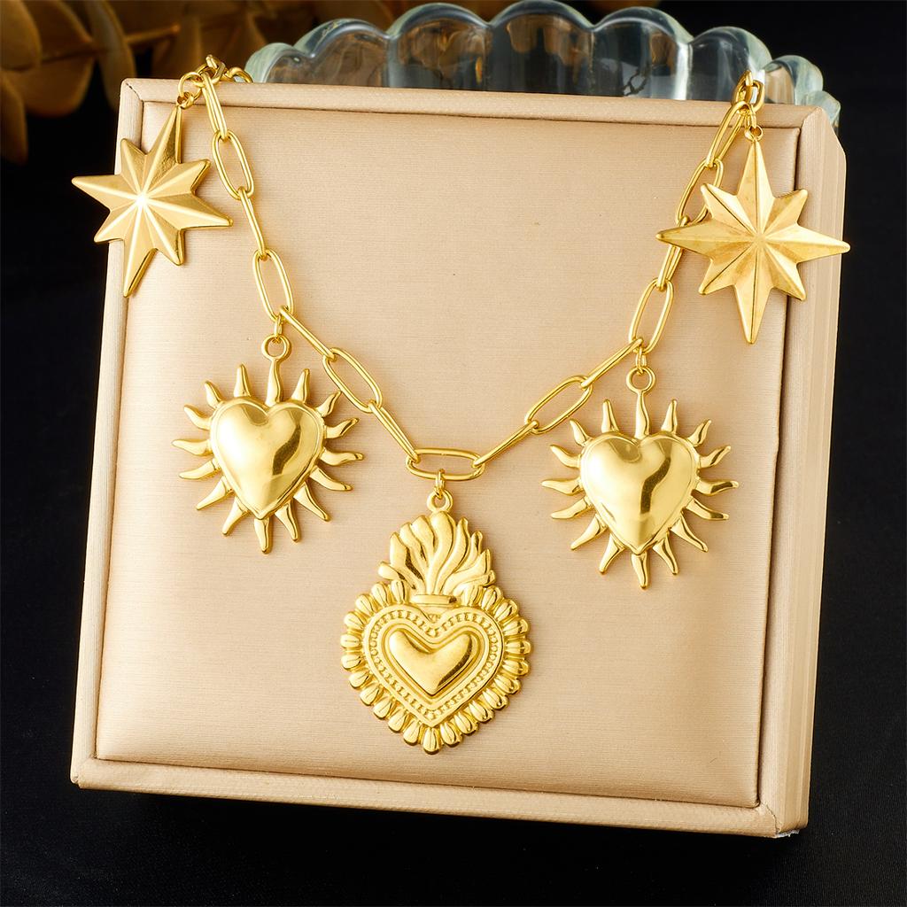 DIEYURO 316L Stainless Steel Golden Trend Heart Sun Star Pendant Necklace For Women New Fashion Waterproof Neck Chain Jewelry