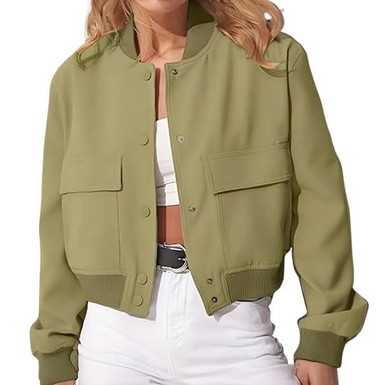 Women's Cropped Jackets Stand Collar Varsity Shacket Coat Casual Button Down Long Sleeve Spring Autumn Outerwear
