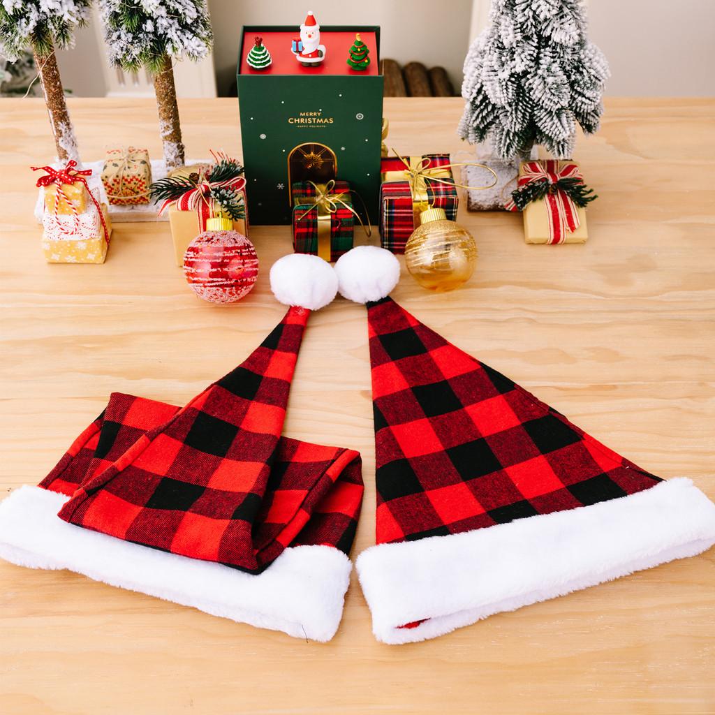 Warm Red Black Check Christmas Hat With Soft Fur Trim For A Modern Celebration Festive