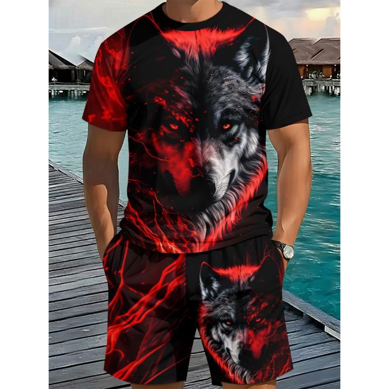 Men s 3D digital printing round neck short sleeve suit S