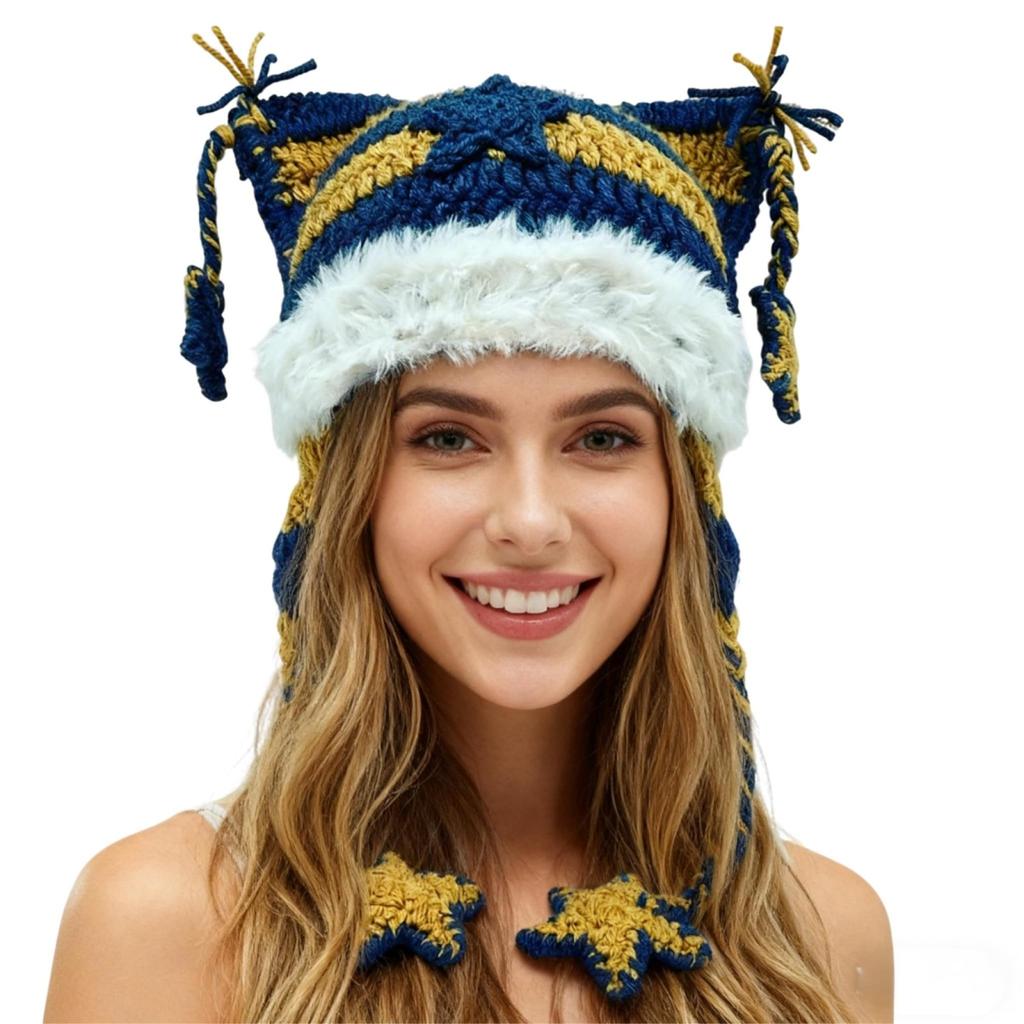 Women's Hand-Knitted Star Striped -Ear Braid Hat With Ear Protectioned, Fashionable And Versatile Cap
