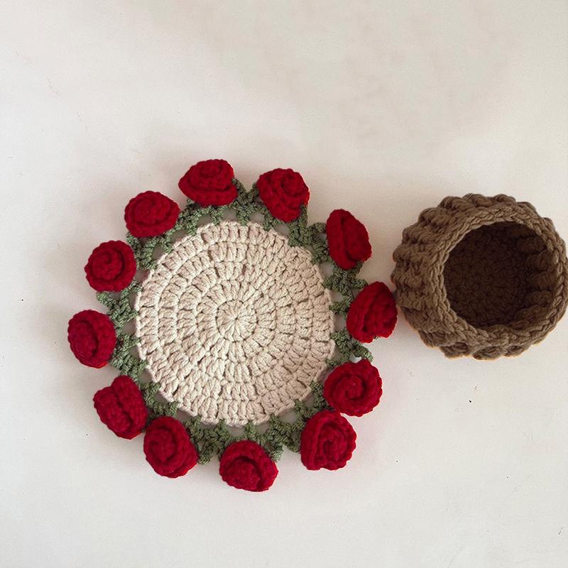 Crochet Coaster Fished Crochet Placemat Cup Pad Heat Insulation Mug Mat Diy Handmade Rose Flower Mother's Day Gift Home Decor
