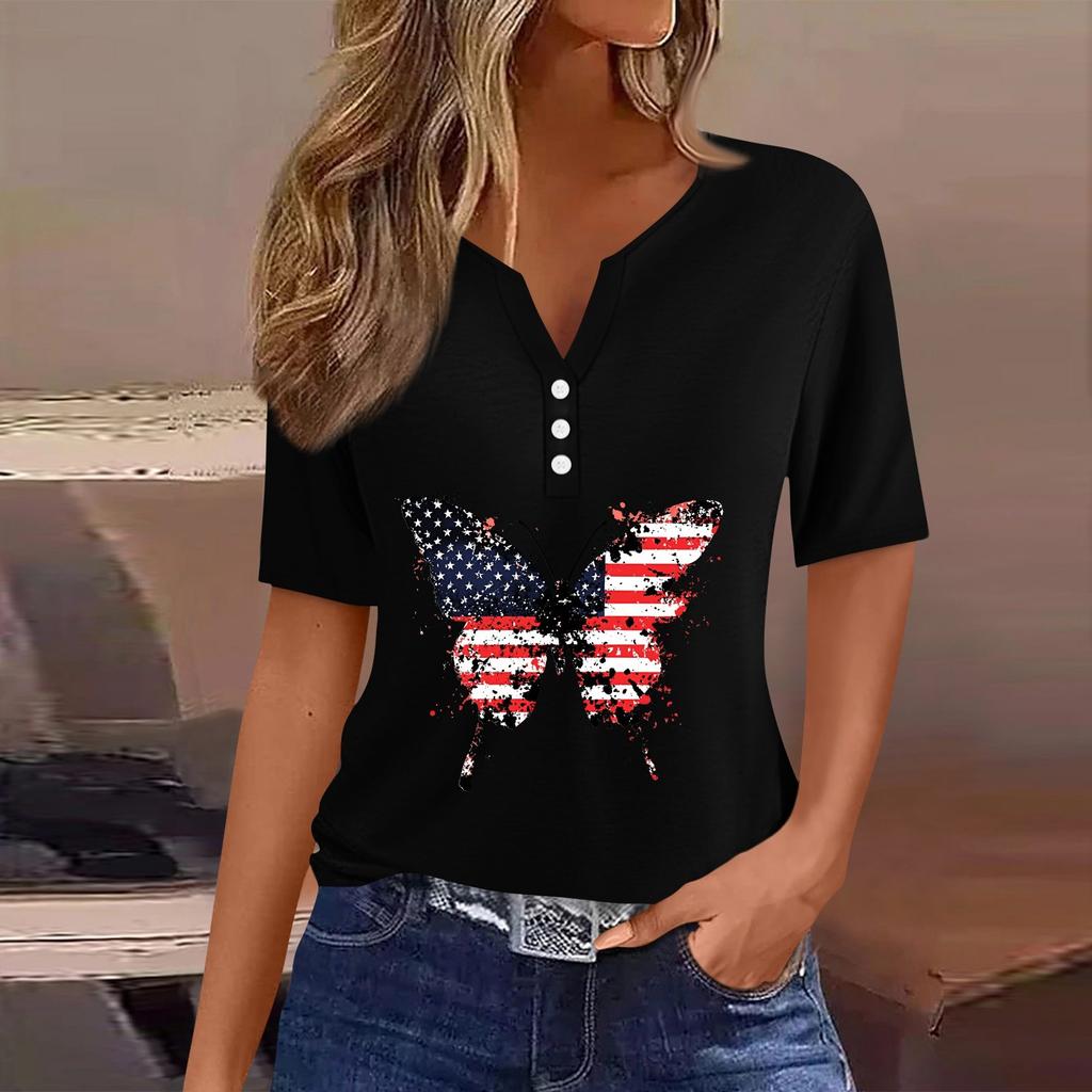 Women's T Shirt Tee Independence Day Print Button Short Sleeve Daily Weekend Fashion Basic V-Neck Regular Top