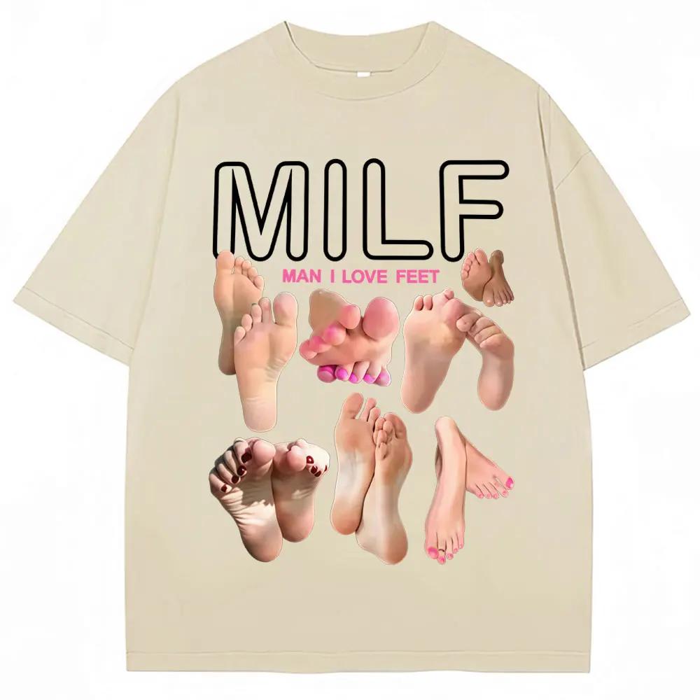 Summer men's MILF men, I love feet, funny meme pattern printed T-shirt, 100% cotton, casual streetwear, foot fetish