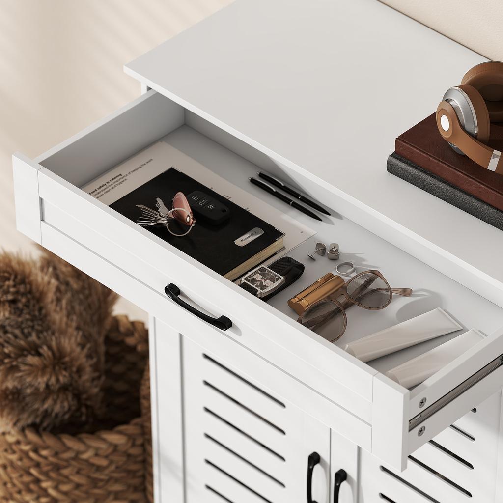 Shoe Cabinet with Louvered Doors, Modern Shoe Storage Cabinet with Drawer and Adjustable Shelves, White