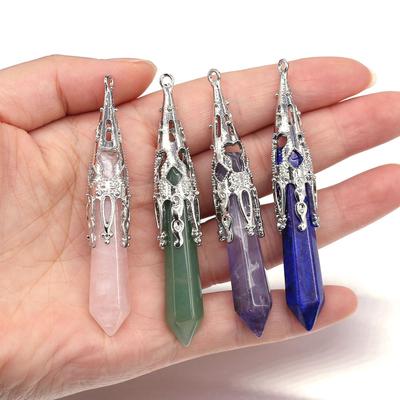1 pieza, Colgante hexagonal de piedra natural facetada, Amuletos de cono de piedras preciosas de cristal bohemio amatista ágata para accesorios de collar DIY para mujeres y hombres, Fabricación de joyas