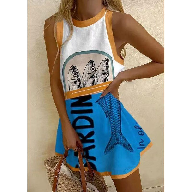 

Casual Long Shirt2025 Summer New round Neck Sleeveless Women clothes Marine Elements Casual Long Shirts White Blue XL